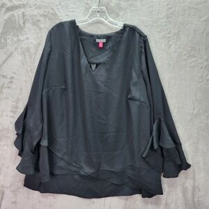 Vince‎ Camuto Blouse Womens Plus 3X Rich Black V Neck Ruffle Sleeve Layered Top